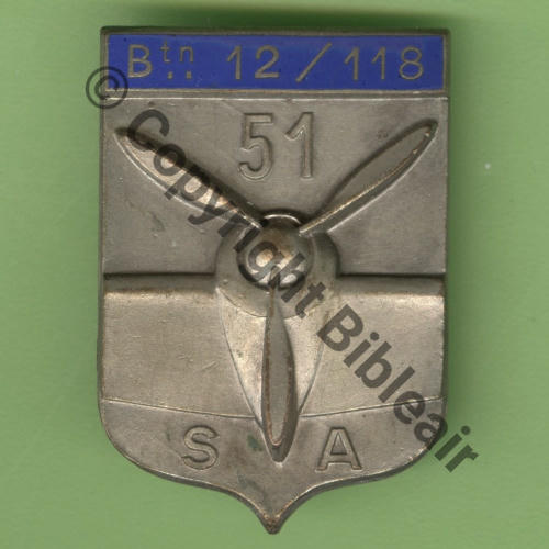 BATAILLON AIR 12.118 SECTEUR AIR 51 Argente  FRAISSE DEMEY Temple 3Lign Bol allonge Dos lisse irreg Embouti Src.Y.GENTY 208Eur03.21 
